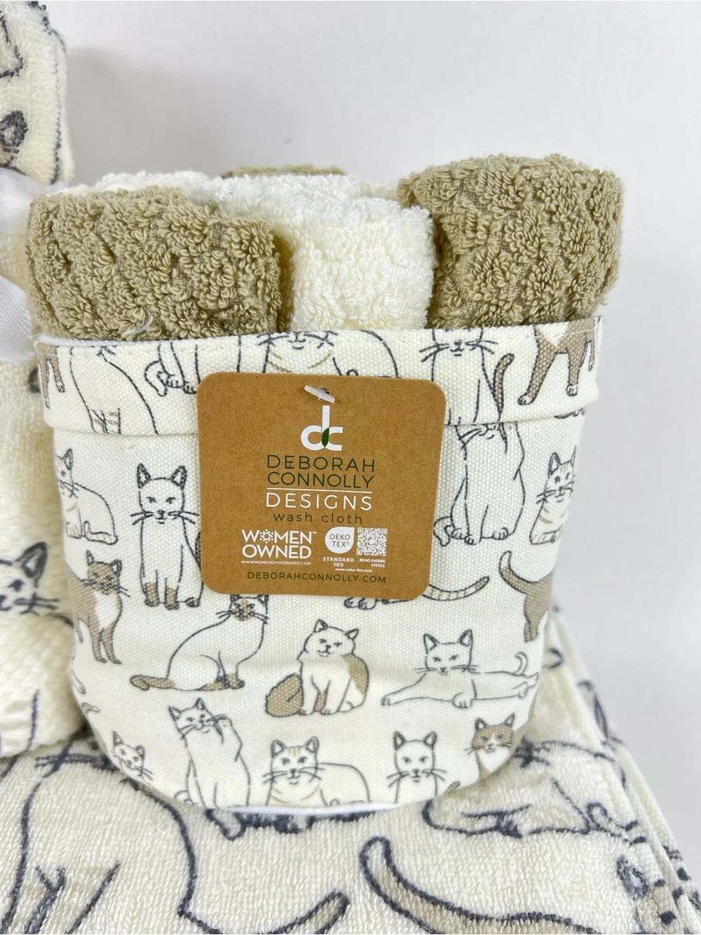 Deborah Connolly Bath Towel Set Cat Print Cream Tan Gray Cotton Blend 11 Pc NEW